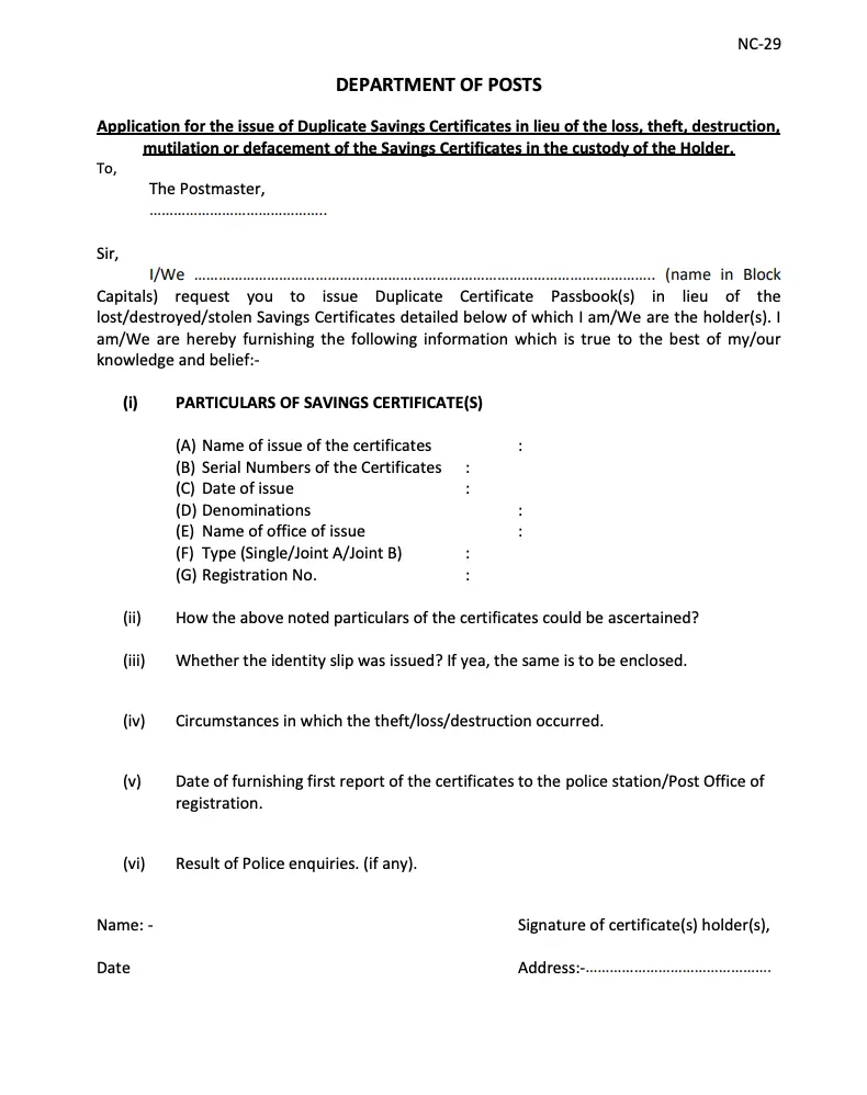 Kisan Vikas Patra Duplicate Certificate Form NS - 29 Sample Page1