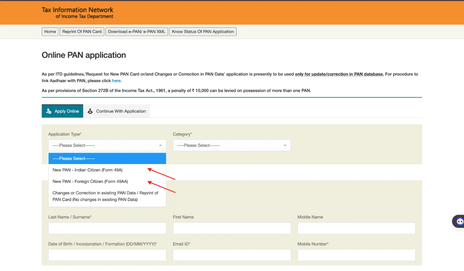 Select PAN application type on NSDL website