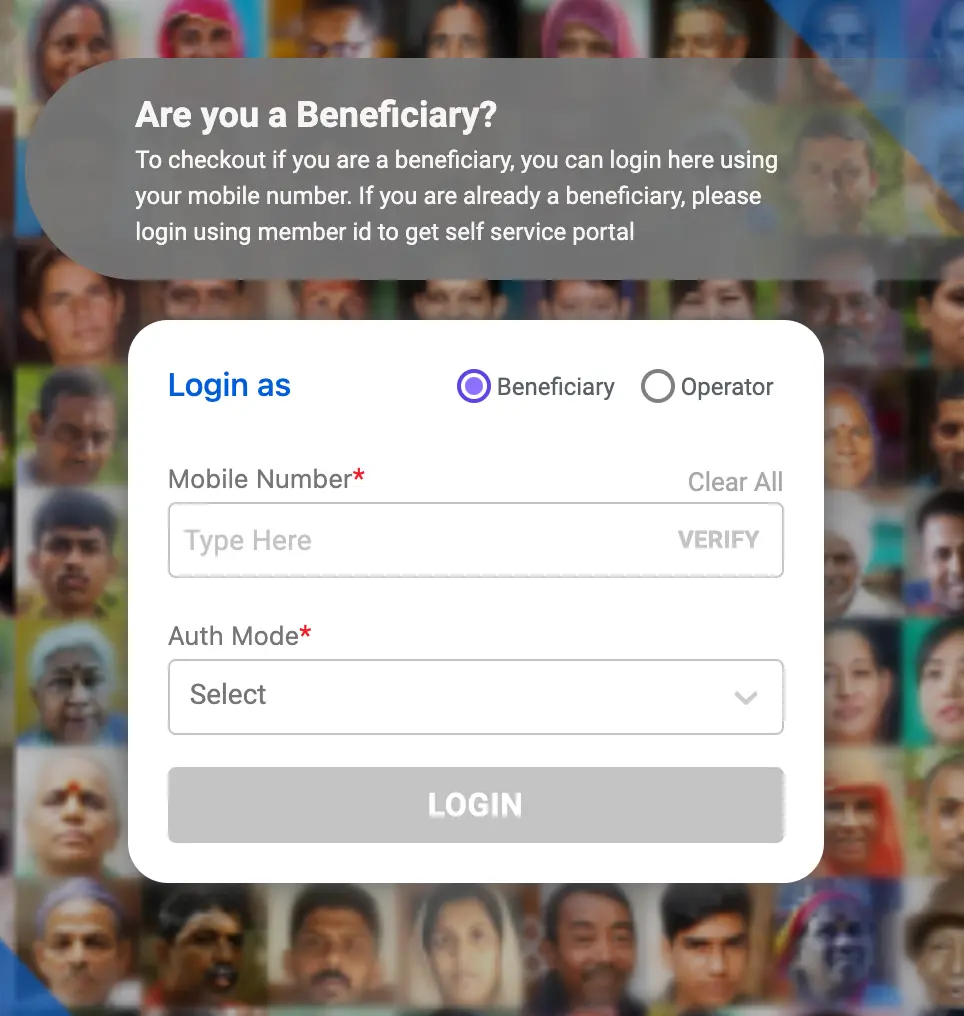 Select a Beneficiary option and log in with registered mobile number to receive OTP for verification