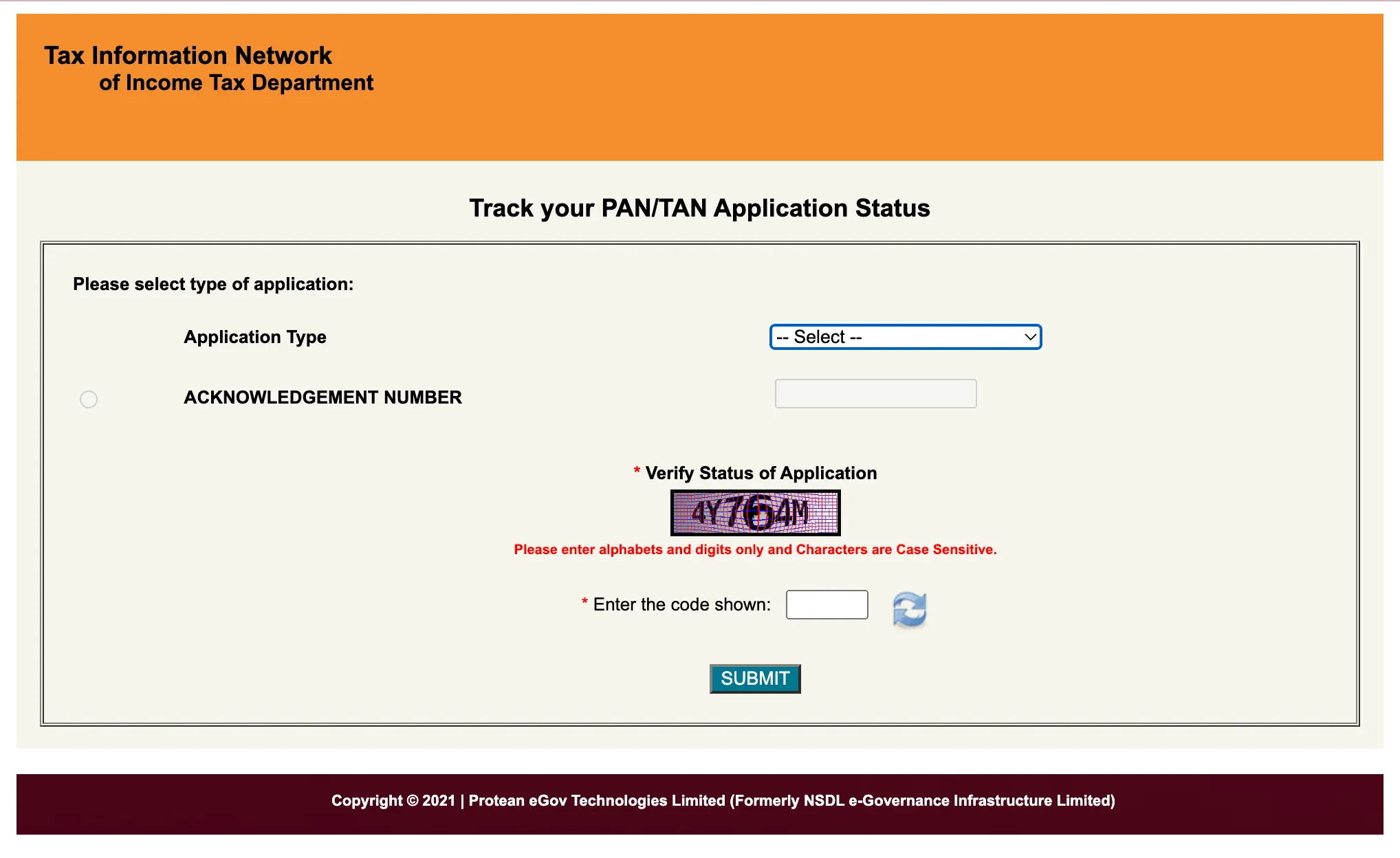 Submit application on Protean website with acknowledgement number and captcha