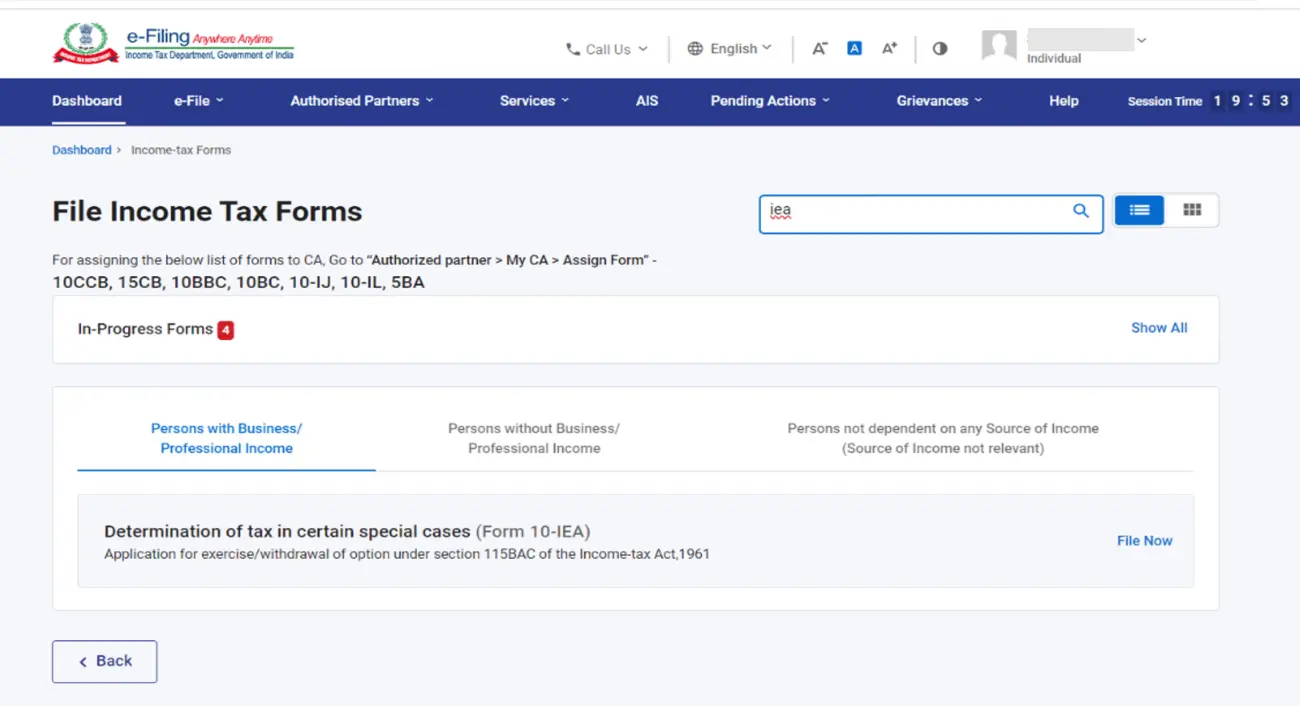 Select Form 10 IEA and click File Now button