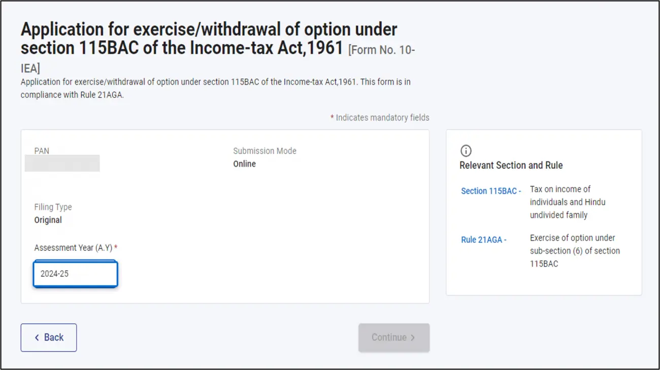 Assessment Year Selection Example 2024-25 for 2023-24 Returns