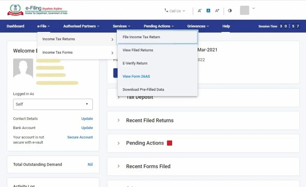 Select e-File, Income Tax Returns, View Form 26AS