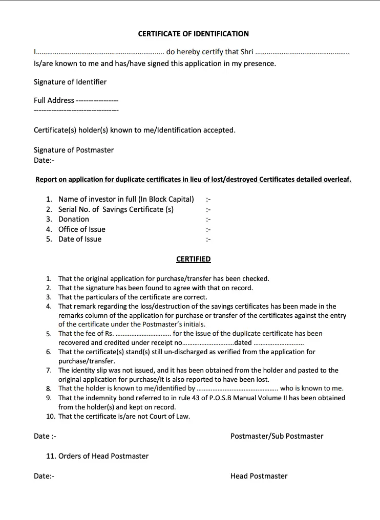 Kisan Vikas Patra Duplicate Certificate Form NS - 29 Sample Page 1