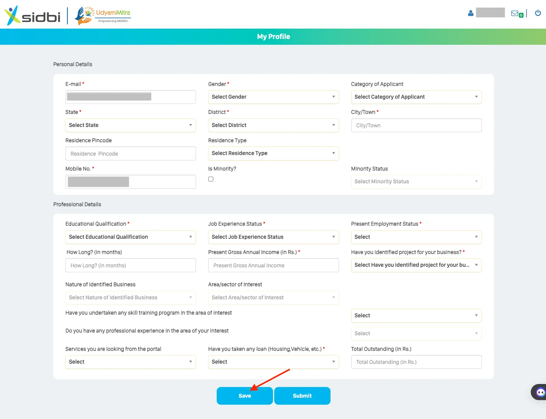 Mudra Loan Form Page for Application Details