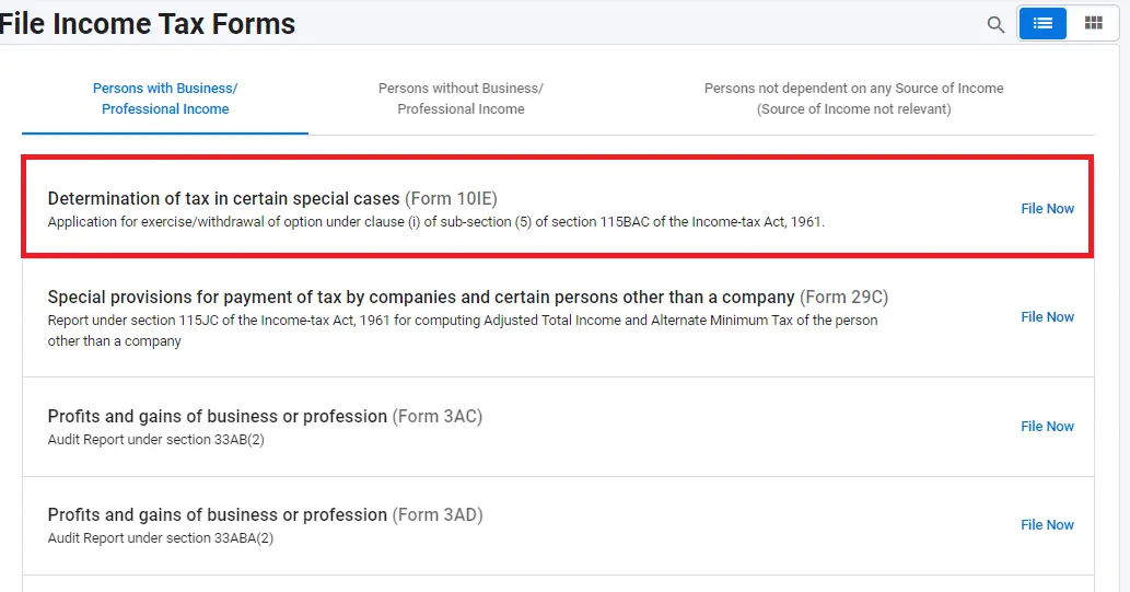 Form 10IE - Selection from List