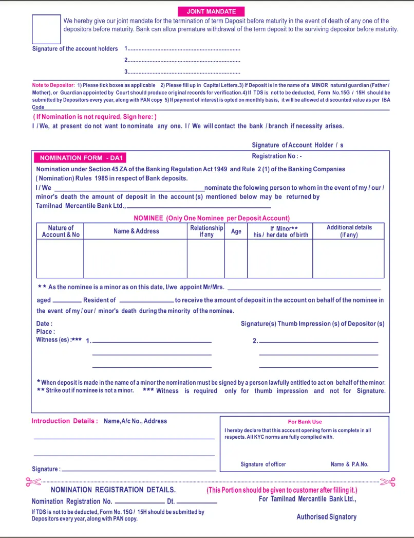 Tamilnad Mercantile Bank RD Application Form Page 2