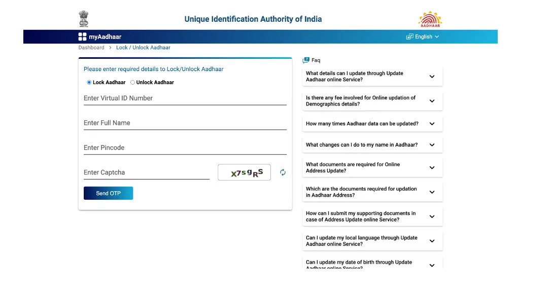 Lock/Unlock Aadhaar with VID, Name, Pincode, Captcha