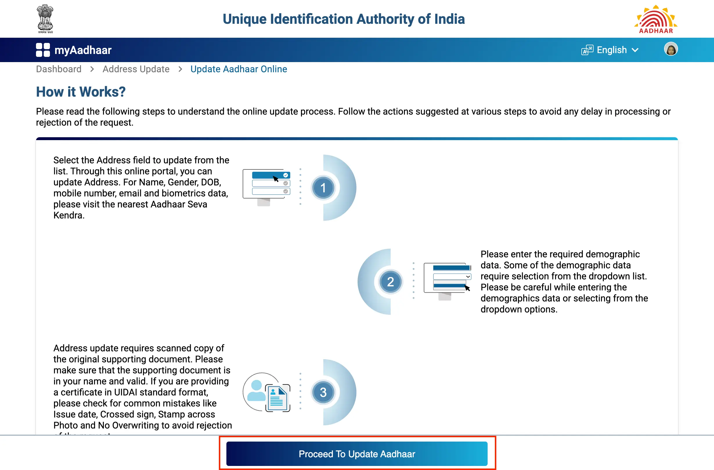 Aadhaar Documents Update Read Instructions and Proceed to Update