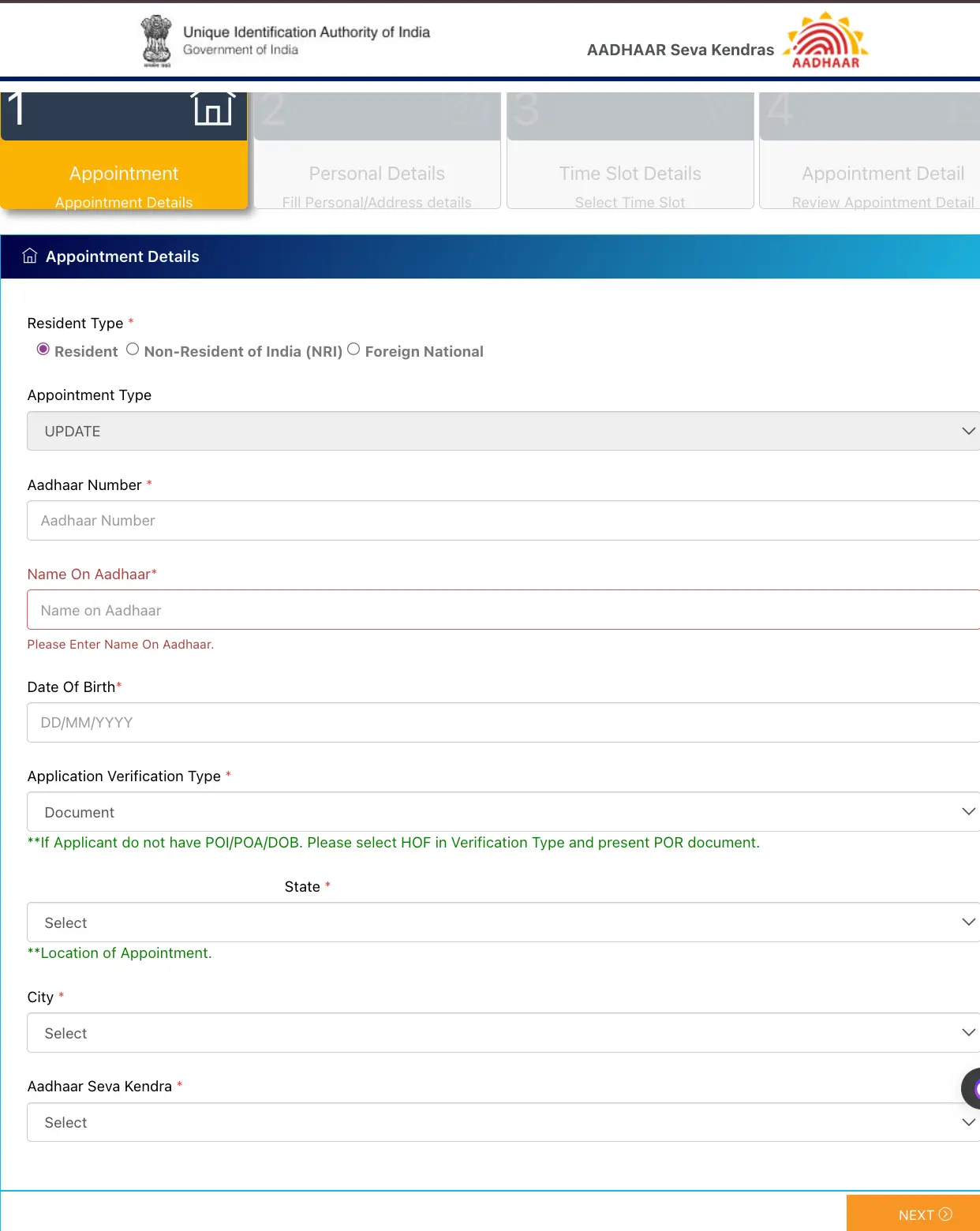 Aadhaar Name Update Book Appointment Enter Personal Details