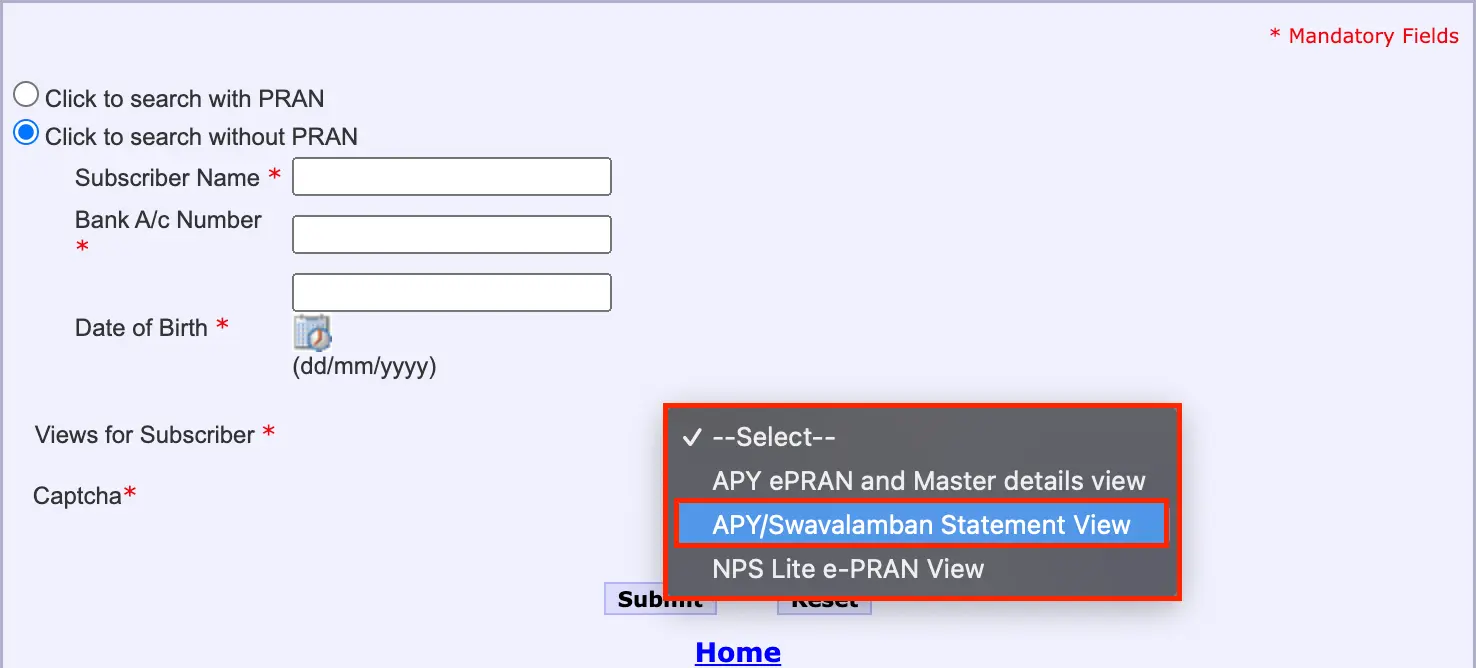 APY Swavalamban Statement View Selection