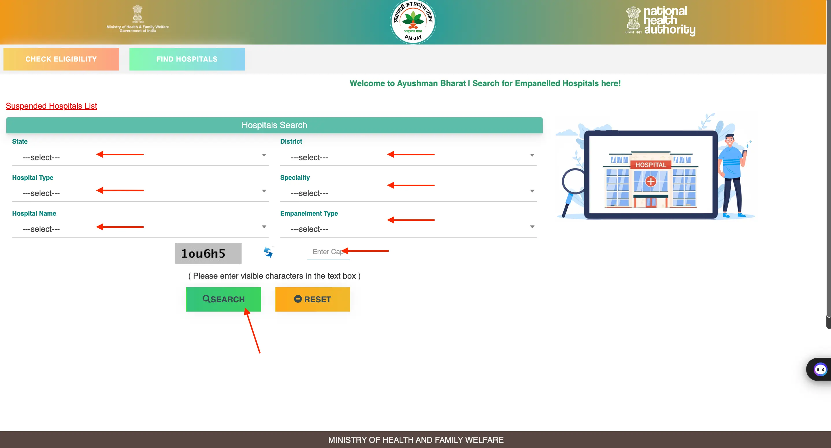 Steps for selecting state, district, hospital type, and medical specialty to join Ayushman Bharat network