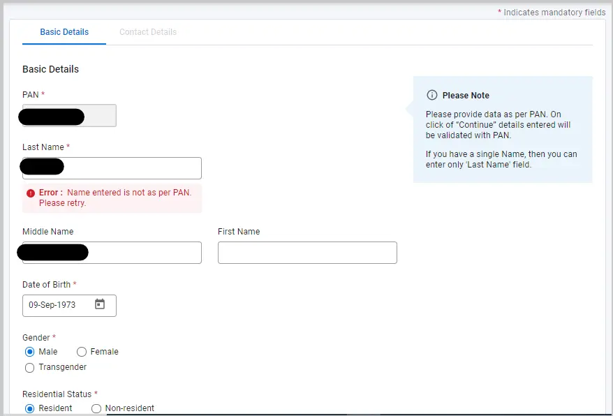 Enter basic details matching PAN Card information