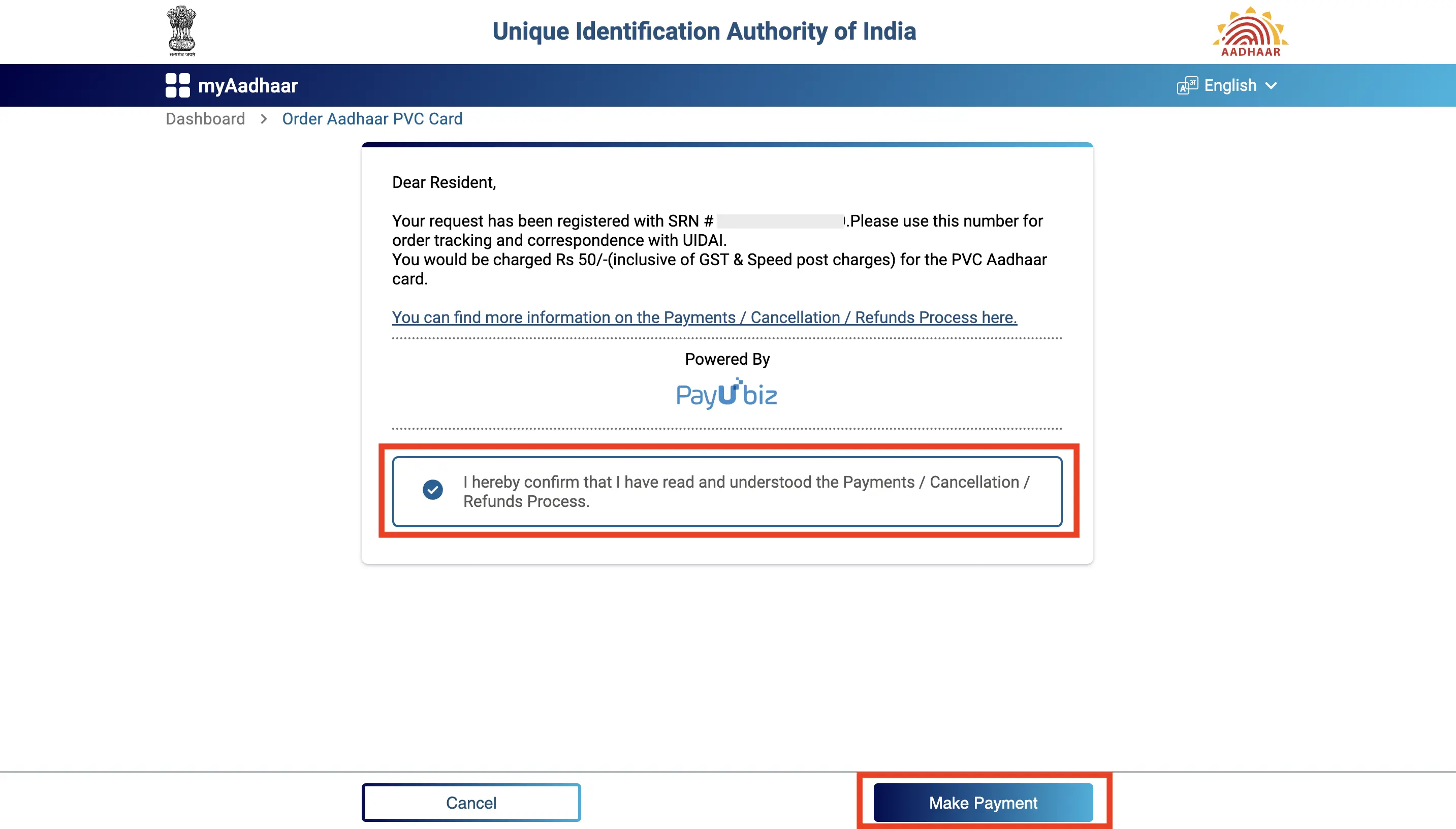 Order PVC Aadhaar Card Declaration and Payment