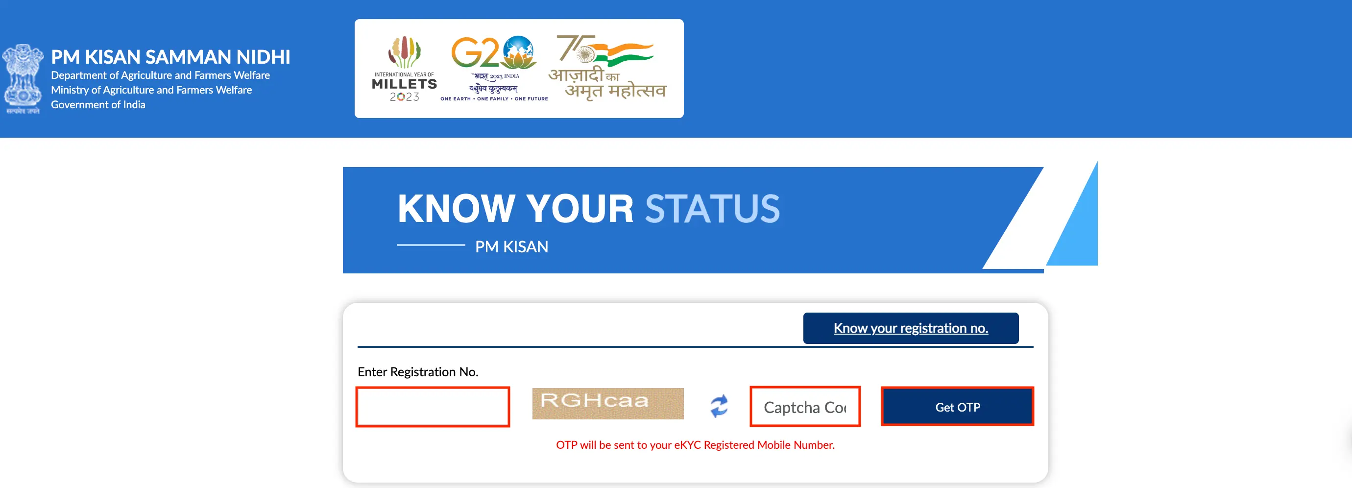 Enter Registration Number to check PM Kisan Status online