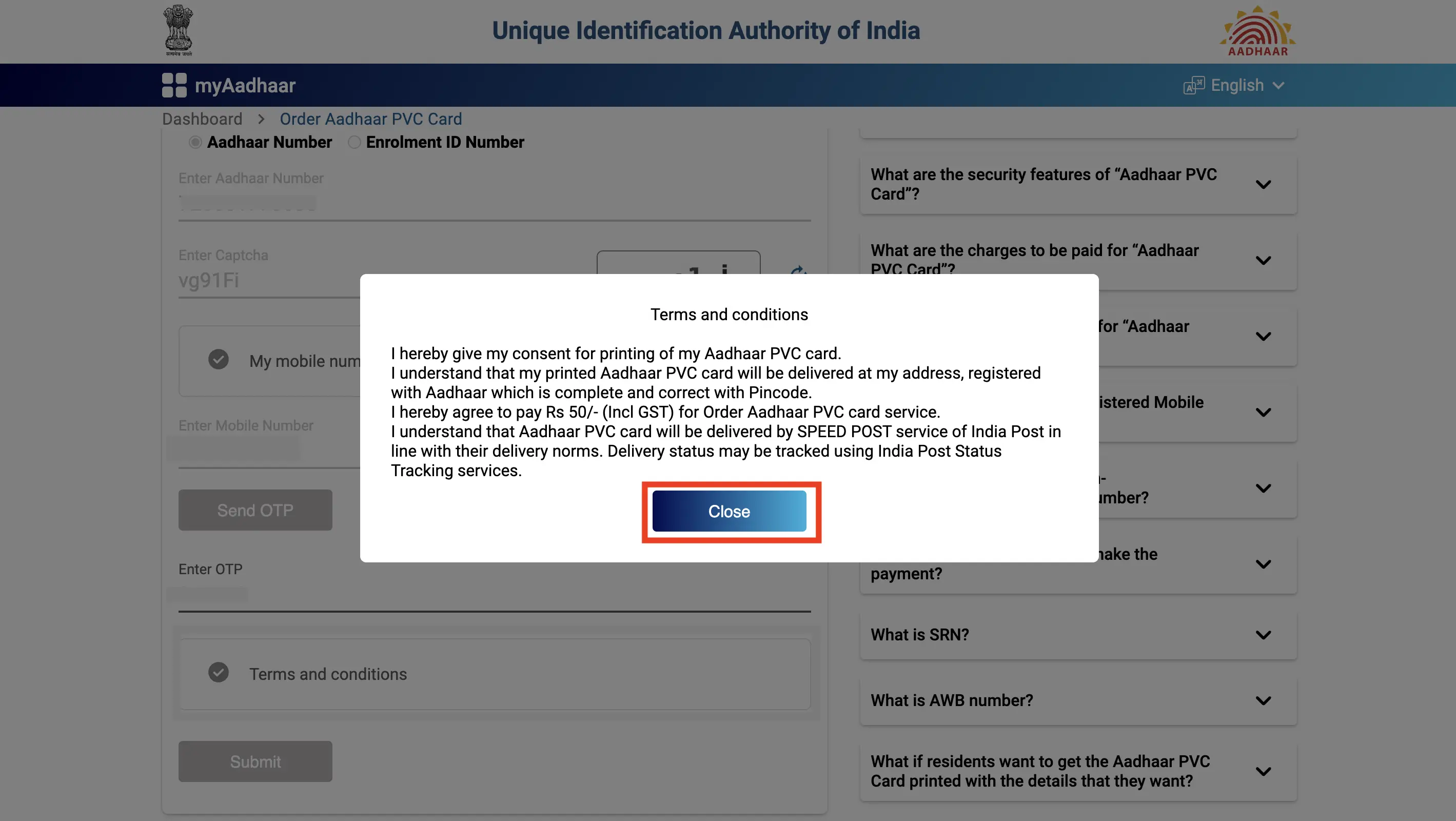 Order PVC Aadhaar Card Read and Close Terms and Conditions