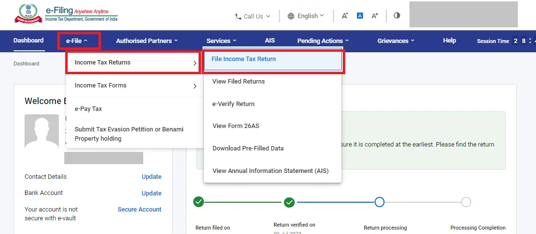 e-File tab on dashboard for filing income tax return