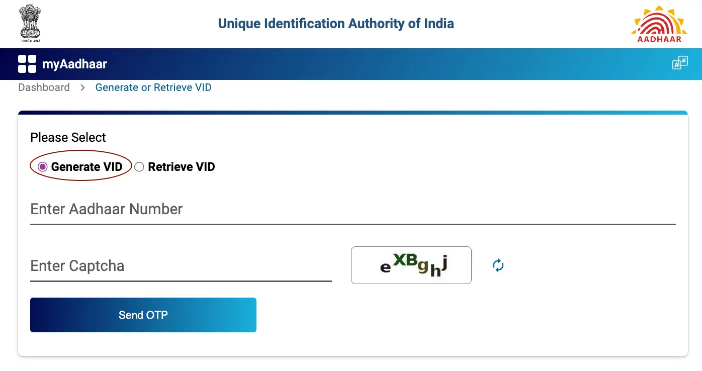 Generate VID on myAadhaar Portal