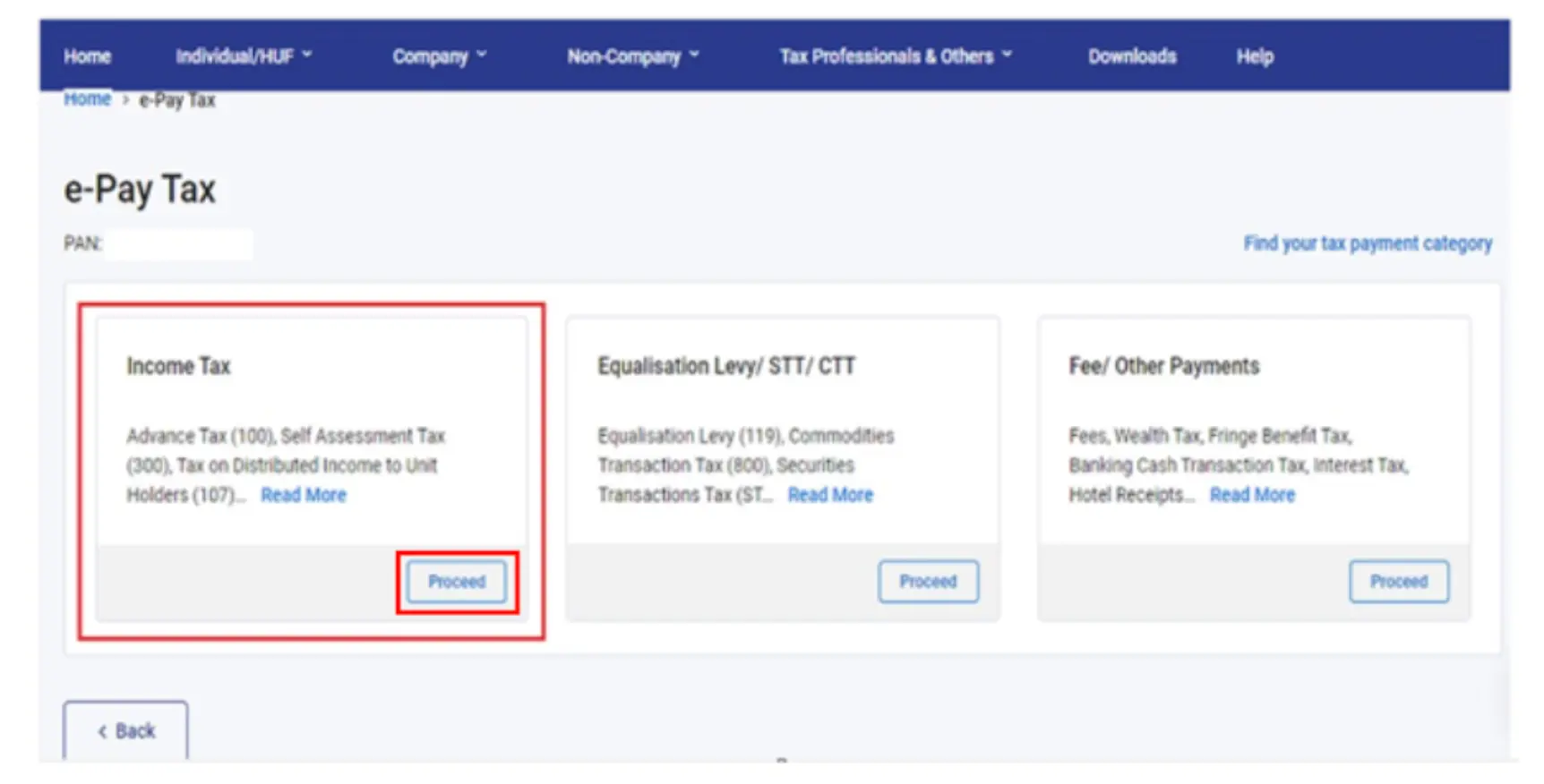 Click on Income Tax Option for Penalty Fee Payment