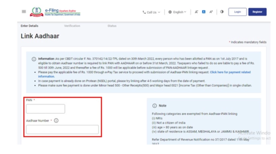 Enter PAN & Aadhaar for Penalty Fee Payment