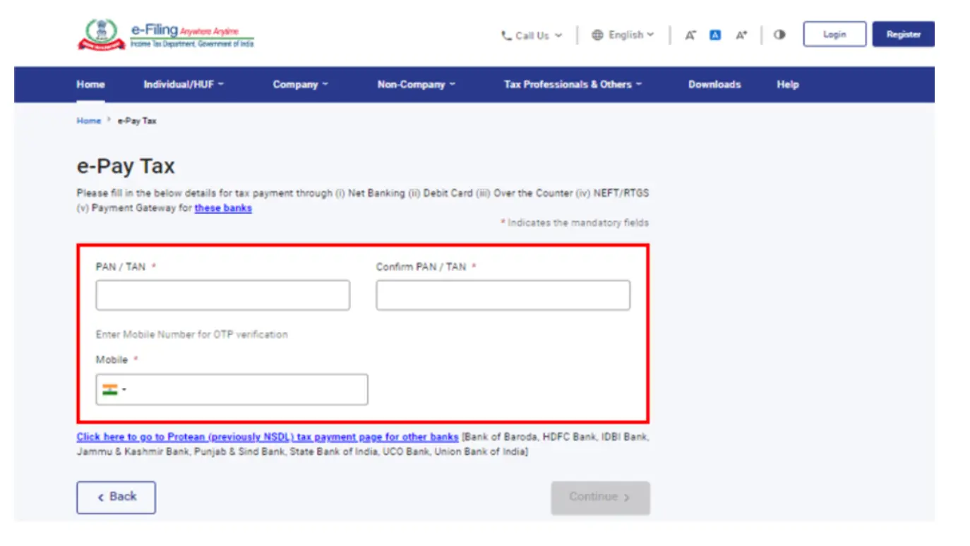 Enter PAN & Mobile Number for Penalty Fee Payment