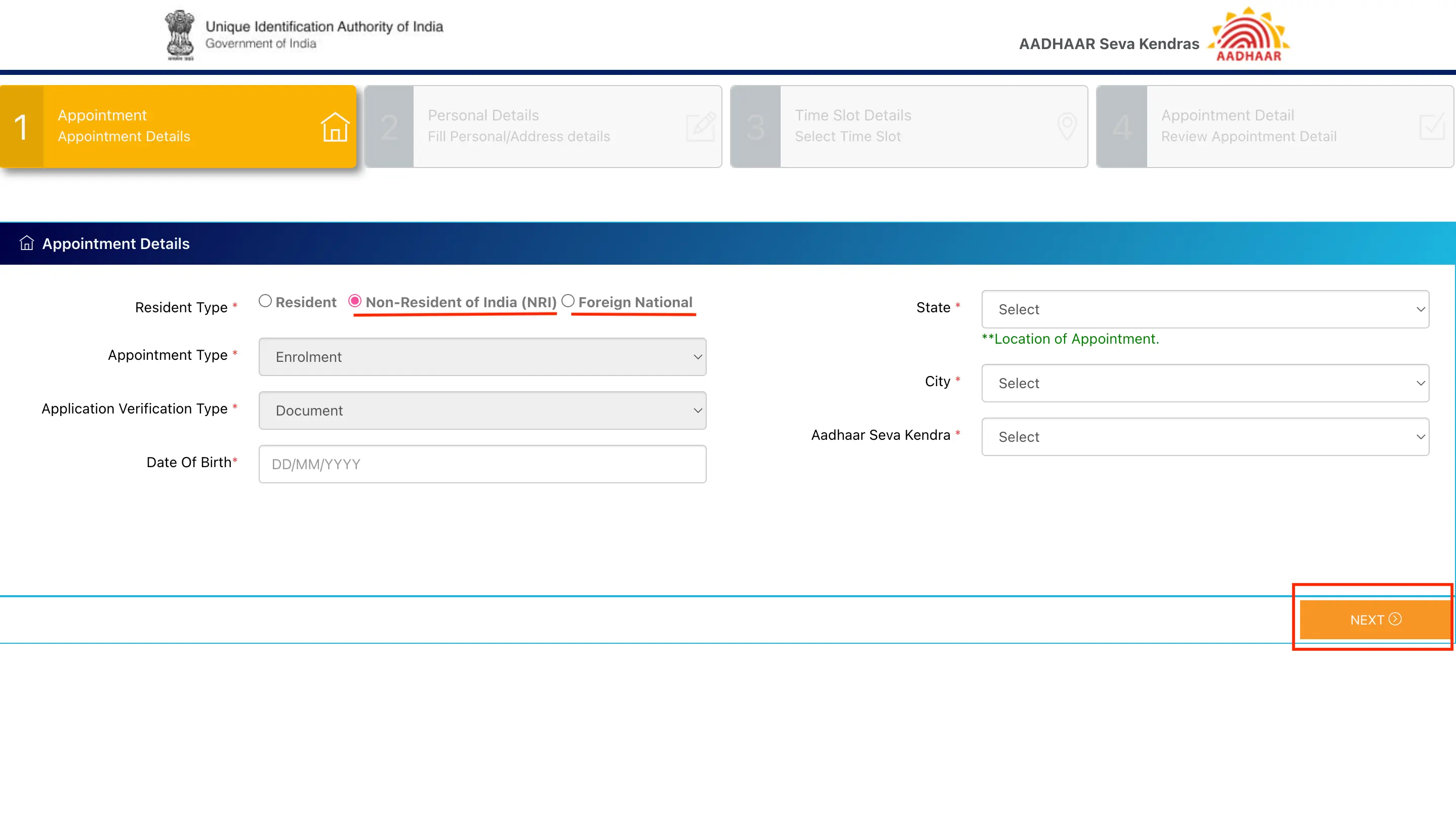 Select Non-Resident Option to Book Appointment to Apply for NRI Aadhaar