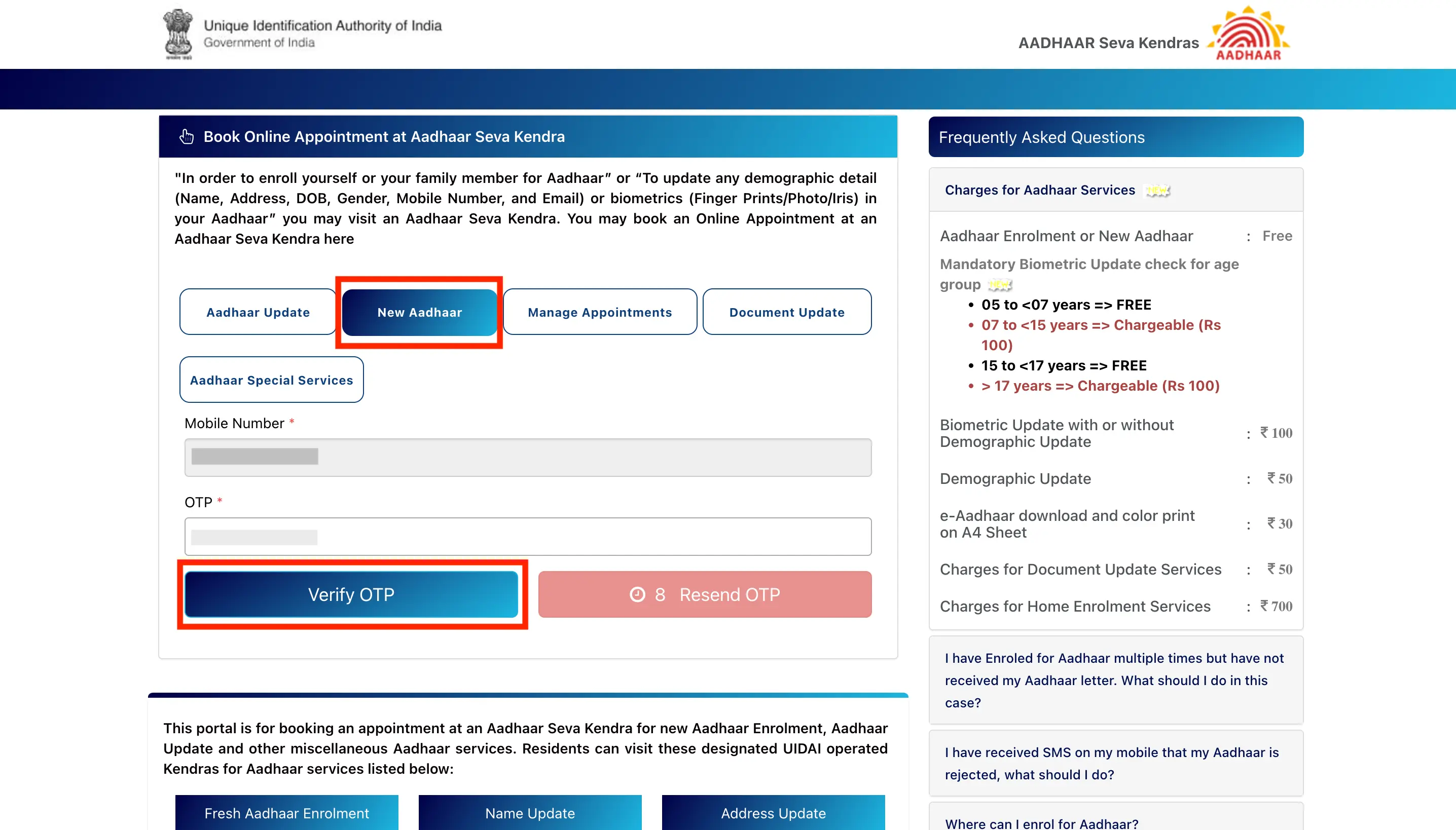 Apply for NRI Aadhaar Verify OTP to Book Appointment