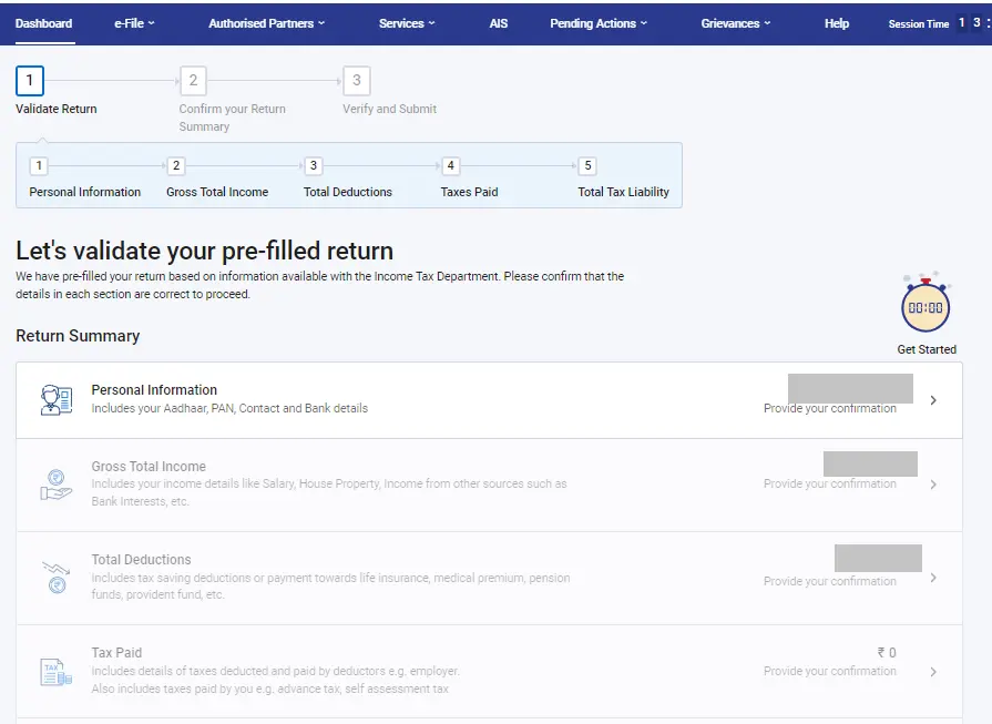 E-filing portal review pre-filled PAN data