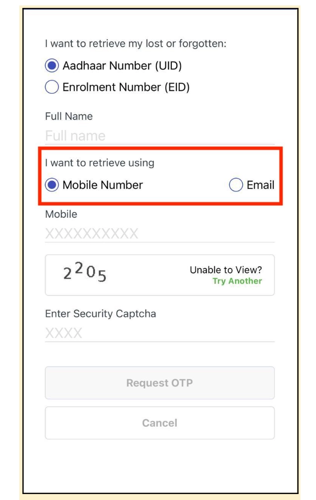 Retrieve Lost of Forgotten Aadhaar UID / EID on mAadhaar Choose Mobile number or Email ID