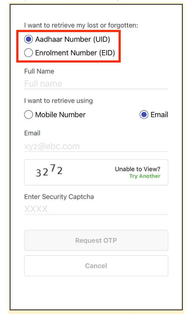 Retrieve Lost of Forgotten Aadhaar UID / EID on mAadhaar Choose UID or EID