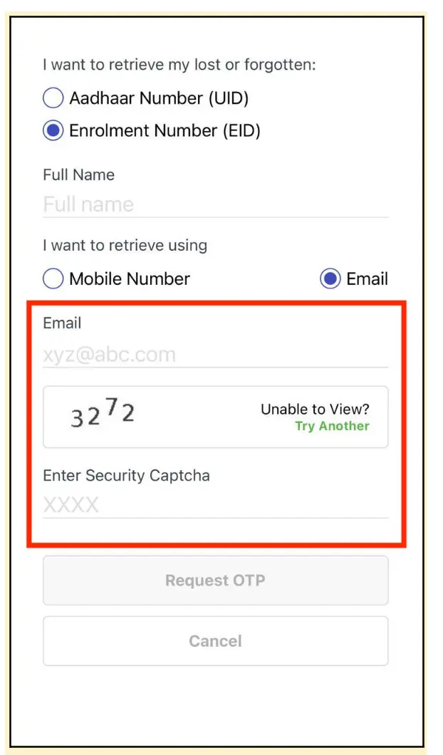 Retrieve Lost of Forgotten Aadhaar UID / EID on mAadhaar Enter Email & OTP