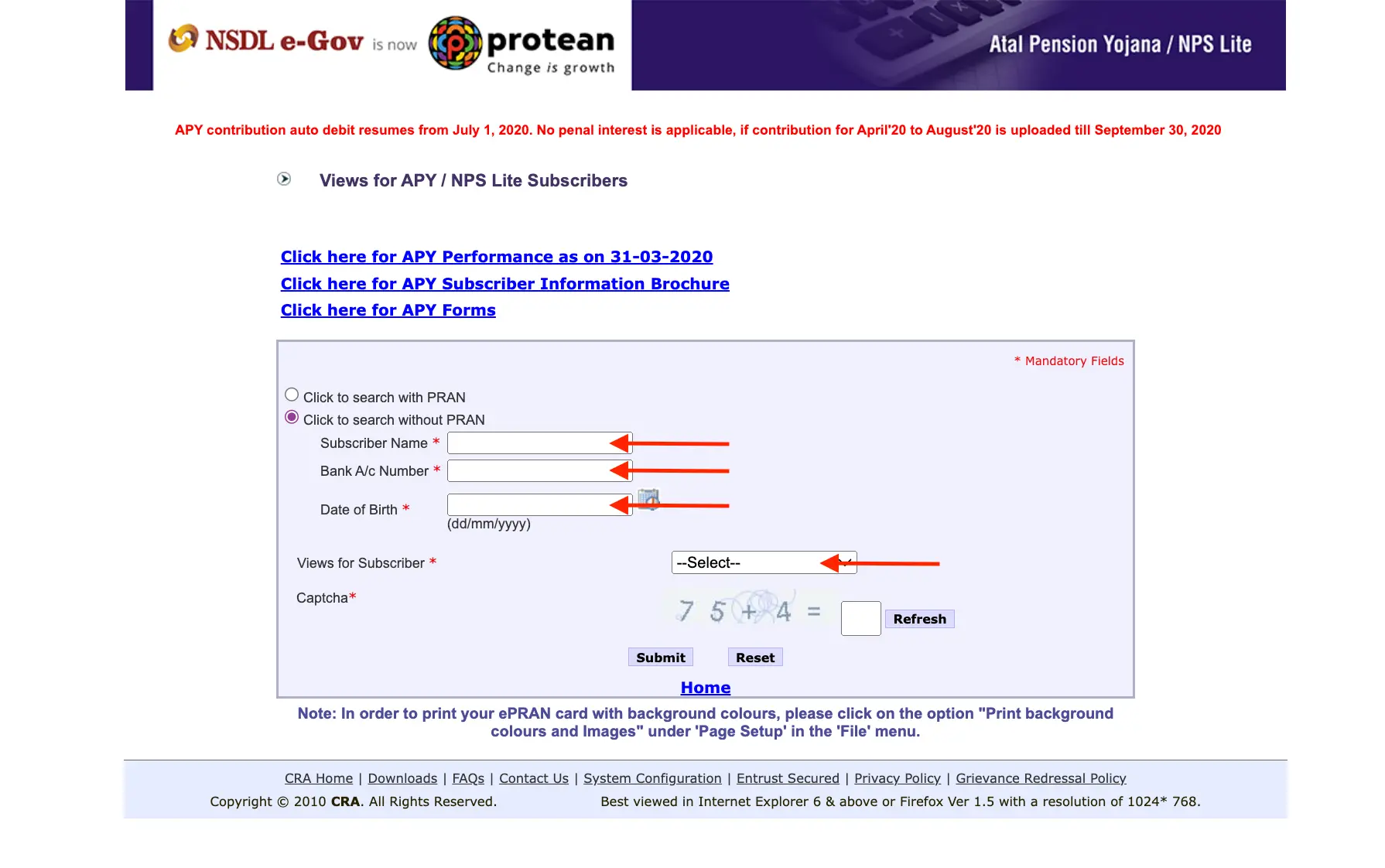 Search without PRAN Enter subscriber name, DOB, and bank account number