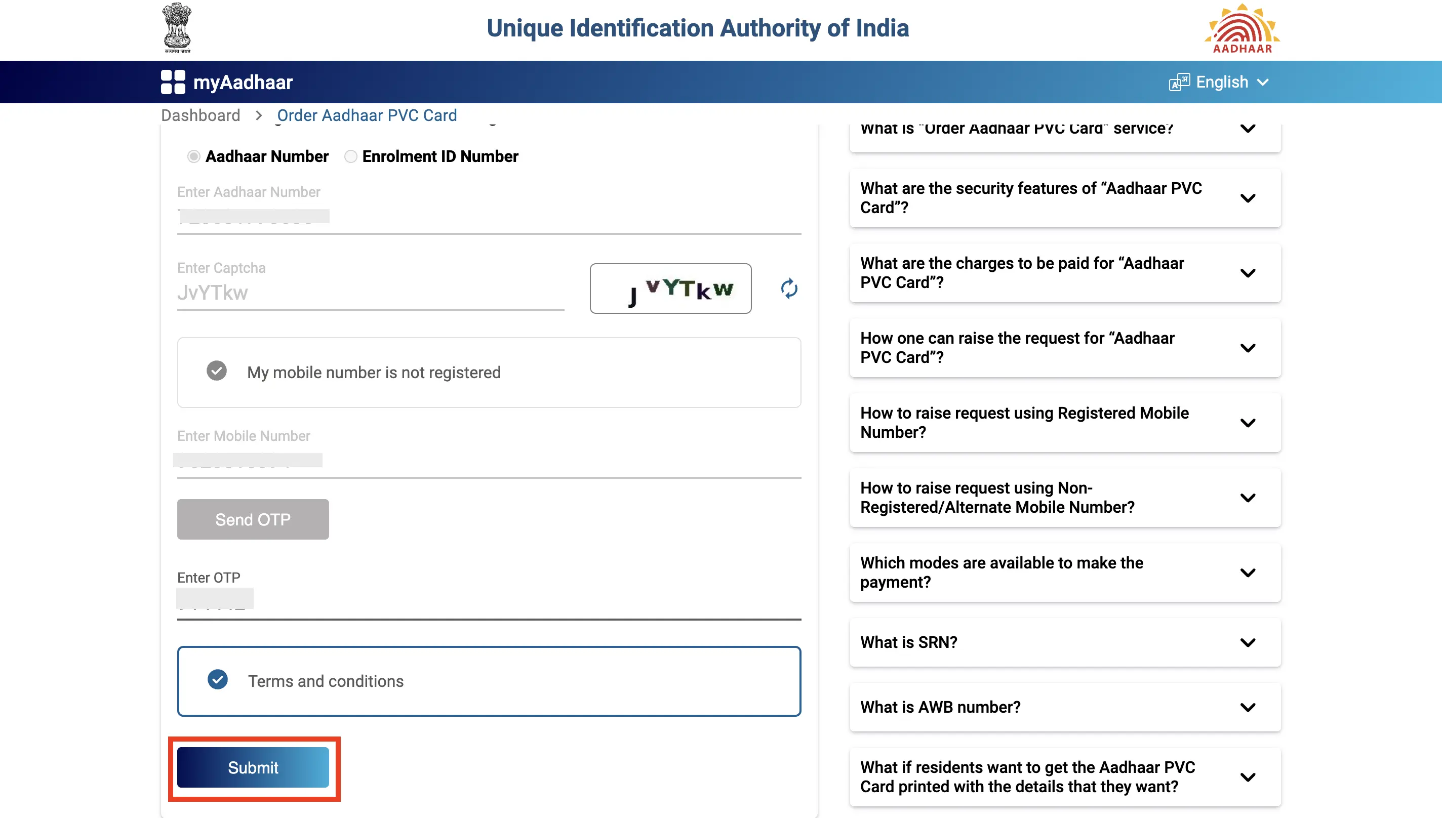 Order PVC Aadhaar Card Submit Details