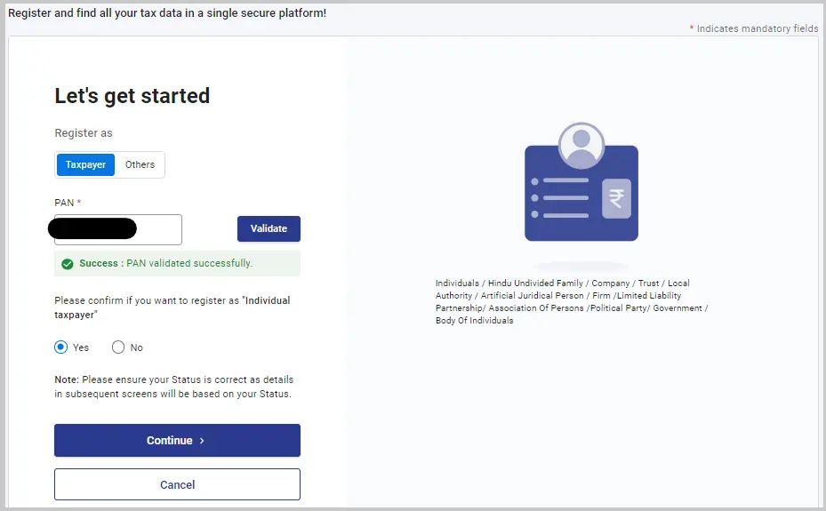 Register as a Taxpayer - Enter PAN Card Number and Validate