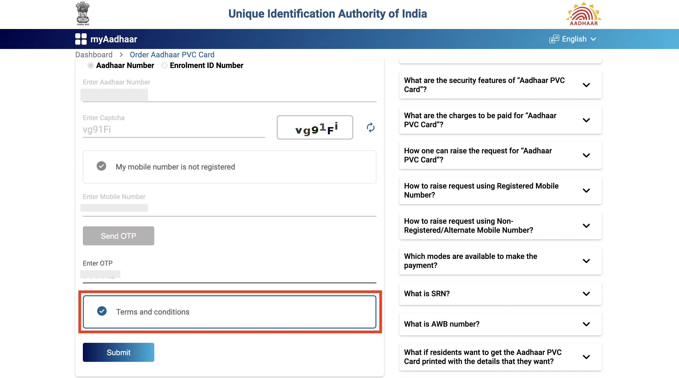 Order PVC Aadhaar Card Terms and Conditions